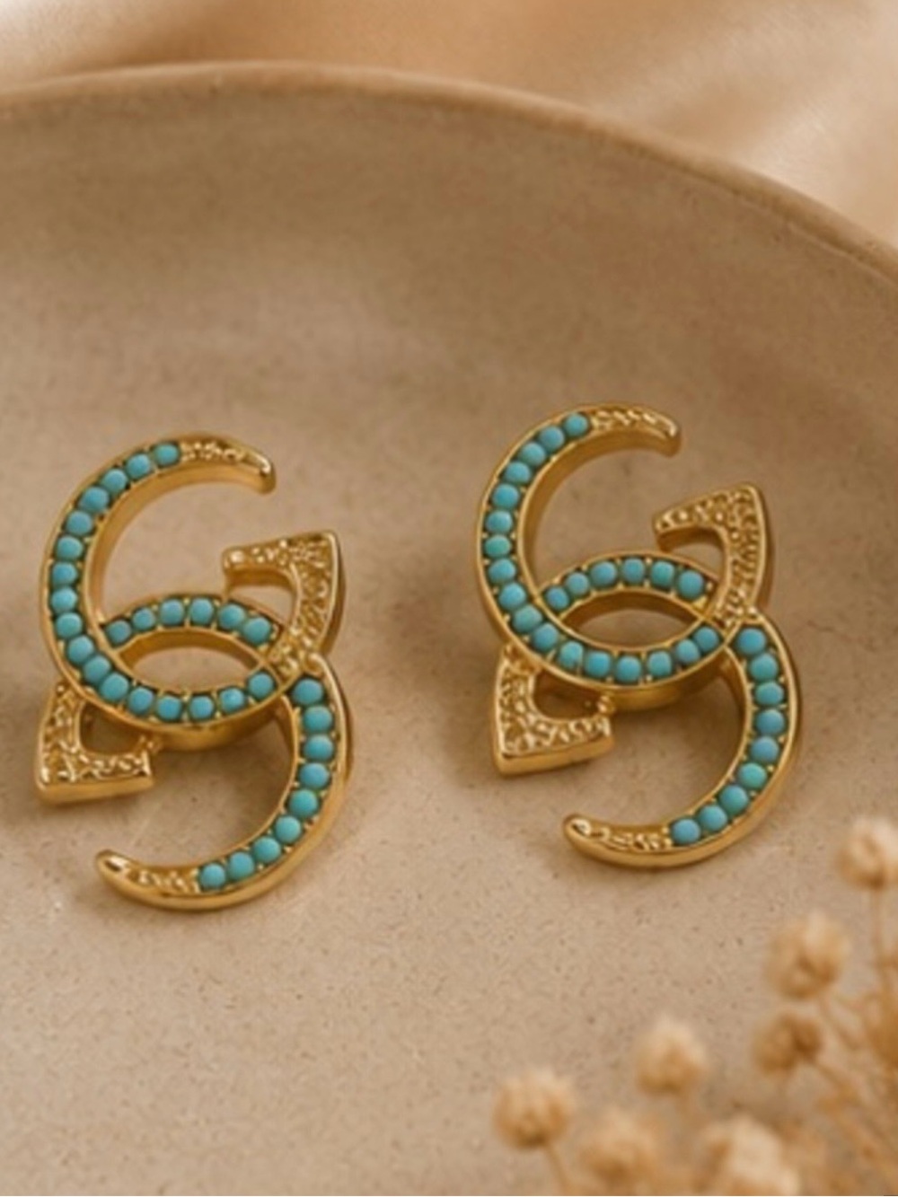 Designer Inspired Gold Turquoise Interlocking G Stud Earrings